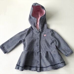 Carter’s baby girl’s Blue & White Striped Pink Heart Hooded Jacket.  Size 3M.